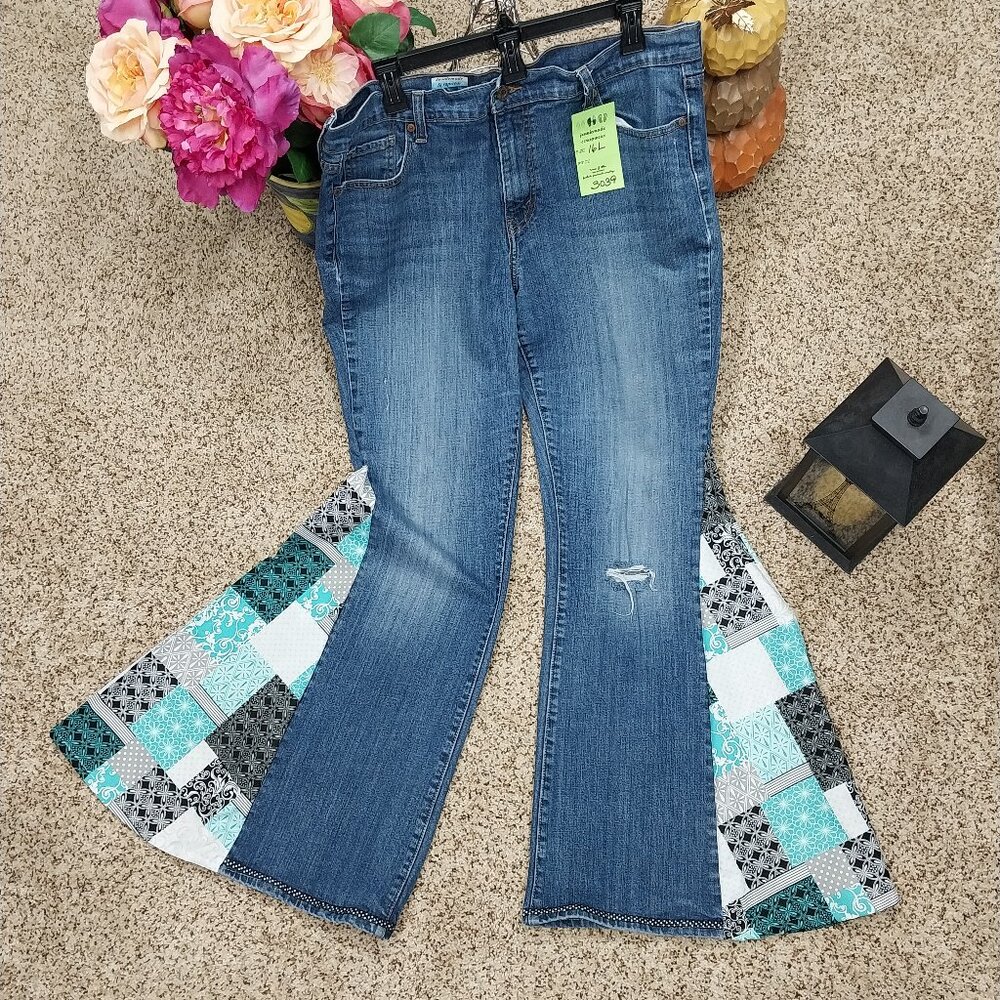 3039 Size 16L Levi's 515  Black and Teal Upcycled Bell-Bottoms